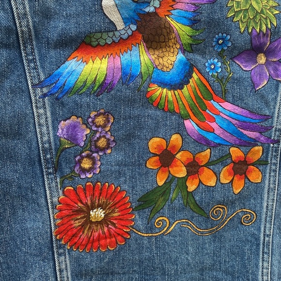 Lucky Brand Tomboy Trucker Jean Jacket Medium Hand Painted Bird Crane Flowers - Picture 6 of 15